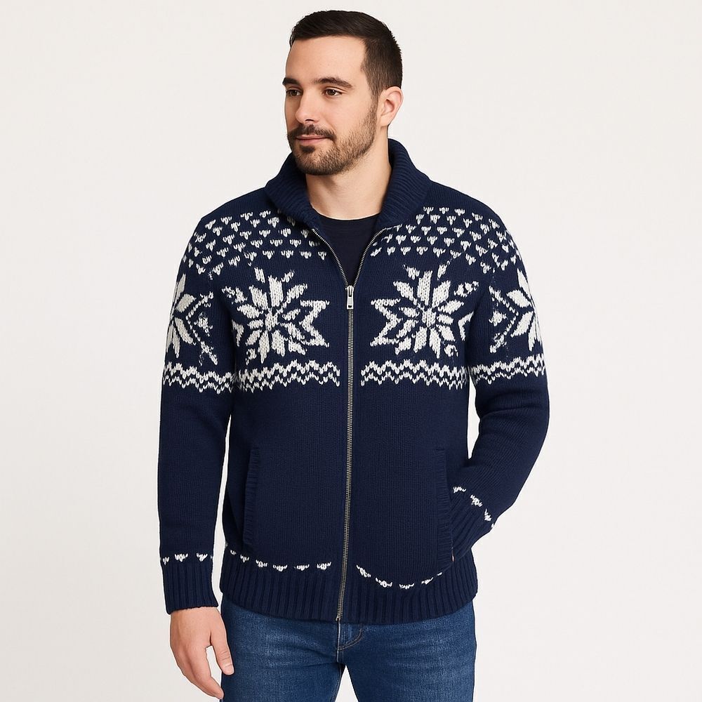 Vintage Express  Nordic Zip Sweater | Blue & White Snowflake Knit | Size Medium